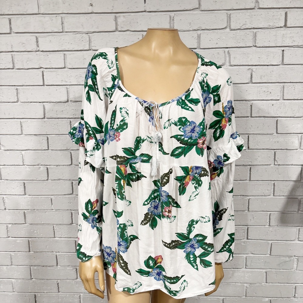 Old Navy Tropical Floral Parrot Print Crinkle Gauze Babydoll Blouse XXL